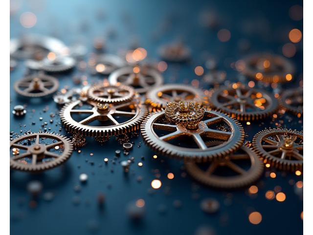 Abstract representation of intertwined gears and flowing lines, symbolising collaboration and seamless operational flow