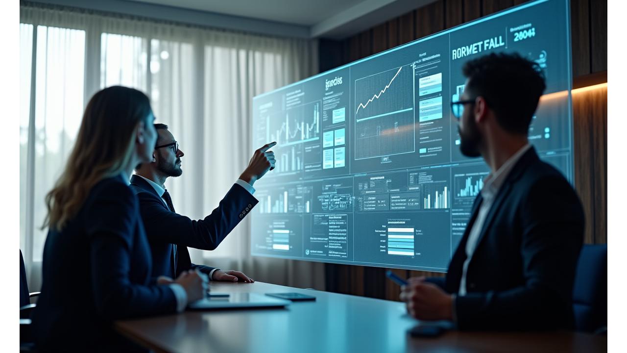Professionals collaborating, overseeing a complex data visualization, symbolizing structured change and strategic transformation.