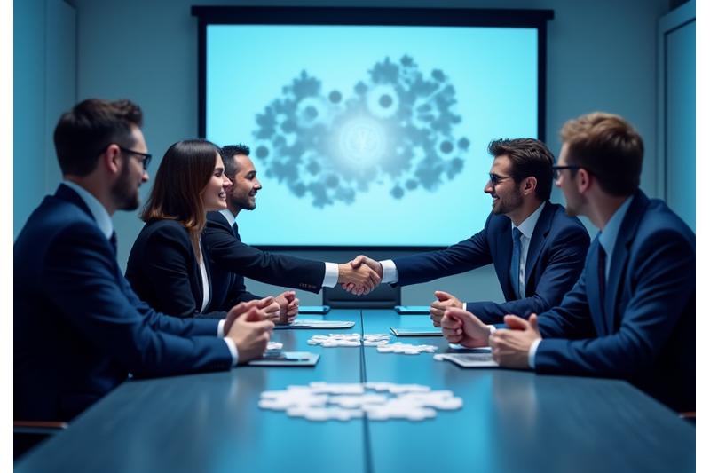 Two diverse professional teams merging with a handshake, symbolizing successful cultural and organizational integration after a merger.