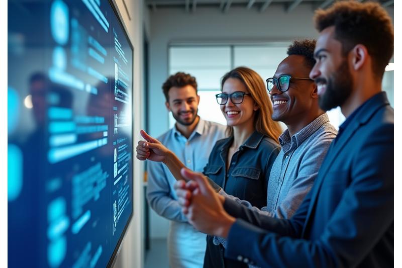 Team collaborating on a large digital screen showing software interface, signifying successful technology implementation.