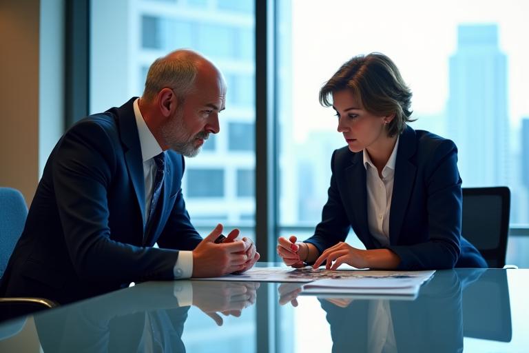Two business professionals engaged in strategic conversation in a modern office environment