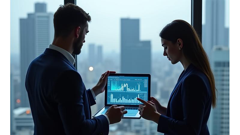 Financial advisors in a modern office looking at data points