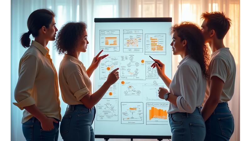 Energetic tech startup team collaborating in front of a whiteboard