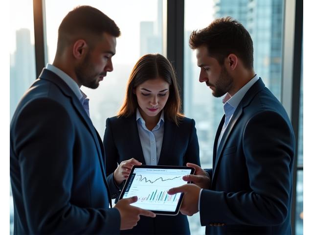 Financial advisors discussing market data on a tablet in a modern office