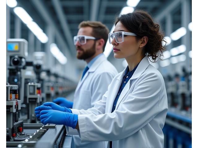 Engineers observing automated machinery in a clean, modern factory