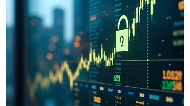 Digital interface showing financial analytics and secure transaction symbols, embodying efficiency in finance.