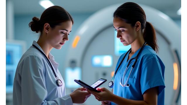 Healthcare professionals reviewing digital patient records on tablets in a modern clinic, highlighting streamlined care.