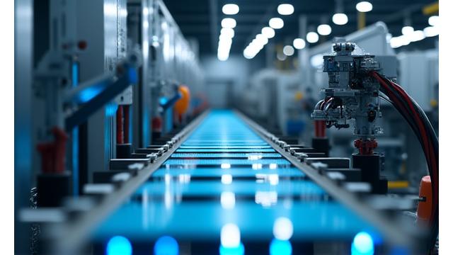 Automated manufacturing line with robotic arms assembling products, symbolizing efficiency.