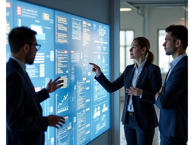 Illustration of a business team collaborating around a digital flowchart, signifying process optimization.