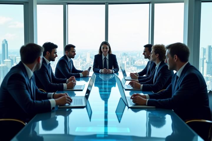 Diverse financial professionals collaborating in a clean, modern workspace