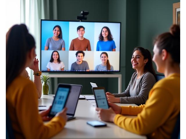 A diverse group of remote employees engaging playfully in a virtual team-building activity, smiling and connecting.