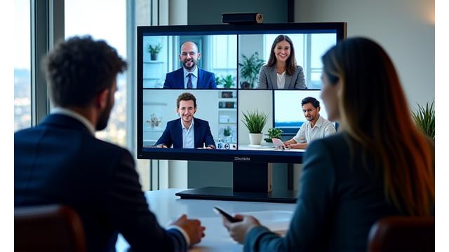 Photo of two colleagues in a modern office collaborating seamlessly with three remote team members on a large screen.
