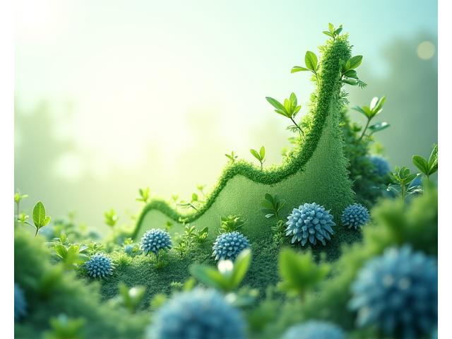 Visual representation of a thriving, green business ecosystem, with arrows showing growth and financial gains stemming from sustainable practices.