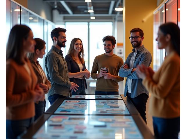 Diverse group of employees in a modern office, engaged in a creative discussion, depicting a positive work culture