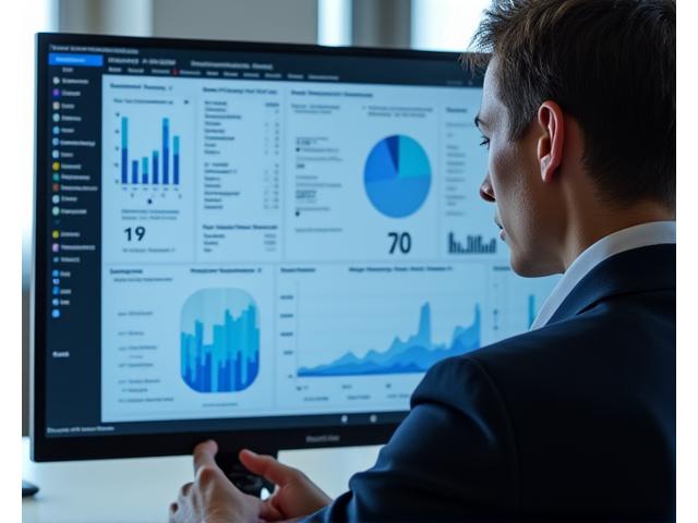 Business professional analyzing performance metrics on a dashboard, illustrating data-driven performance management